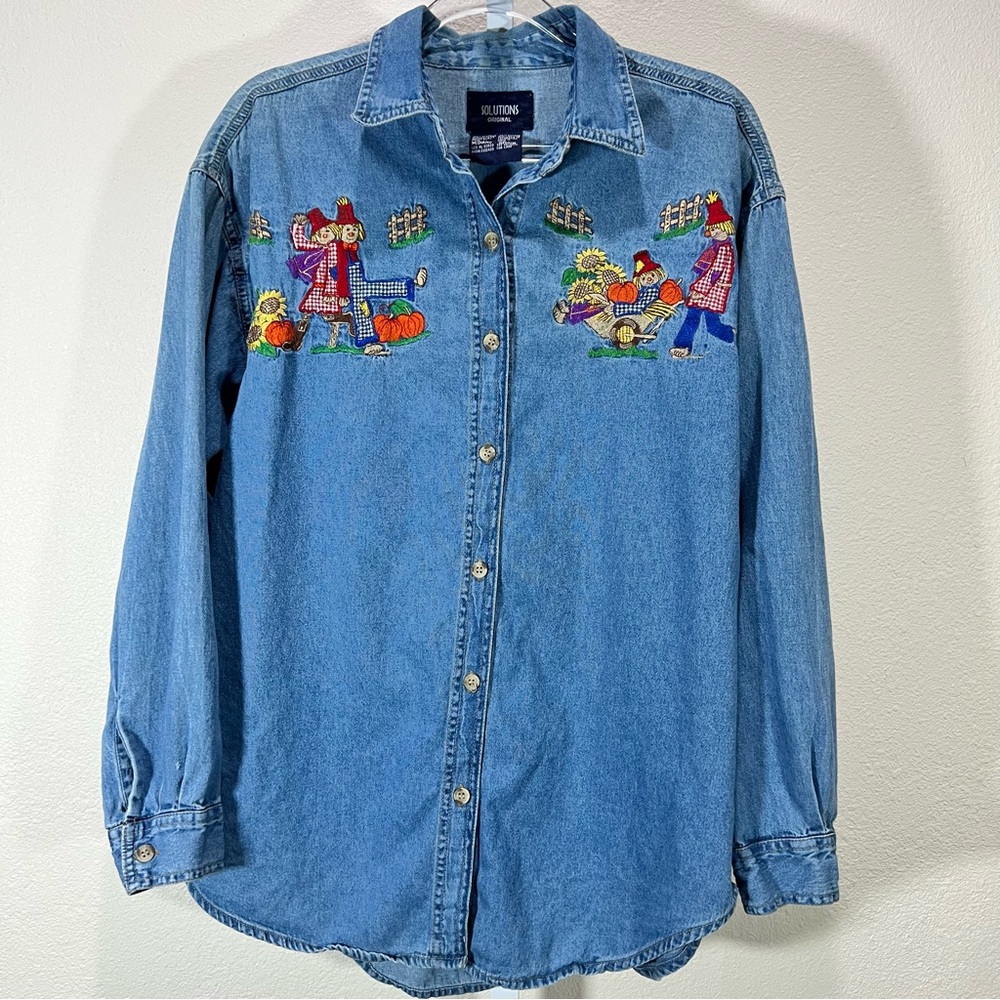 Vintage 90's Emobroidered Harvest Fall Denim Chambray Oversized 100% Cotton
